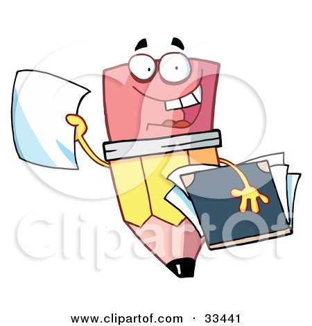 Clipart Illustration of a Friendly Pencil Holding A Blank Piece Of Paper And A Notebook by Hit Toon