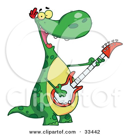 Clipart Illustration of a Musical Green Dinosaur Rockin Out With A Guitar During A Music Concert by Hit Toon