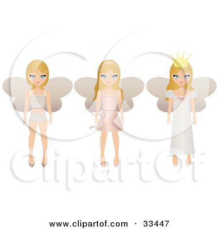 Clipart Illustration of Three Blond Fairy Princesses With Wings, One In Undergarments, One In A Short Dress And One In A Long Gown by Melisende Vector