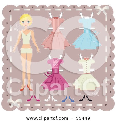 Clipart Illustration of a Blond Teenage Girl Paper Doll On A Pink Background With Cutout Dresses And Shoes by Melisende Vector