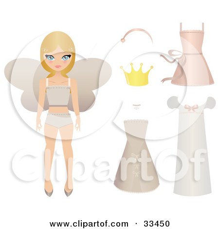 Clipart Illustration of a Blond Fairy Princess Paper Doll In Her Undergarments, With A Crown, Dresses And Accessories by Melisende Vector