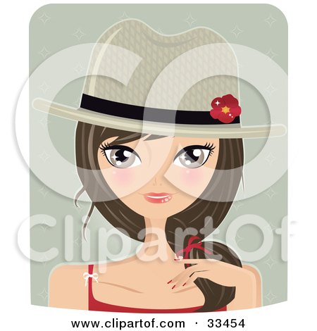 Clipart Illustration of a Pretty Brunette Woman Wearing A Country Styled Hat With A Red Flower, On A Green Background by Melisende Vector