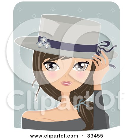 Clipart Illustration of a Pretty Brunette Woman Tipping Her Spring Styled Hat, On A Blue Background by Melisende Vector
