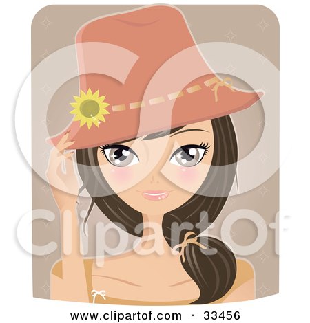 Clipart Illustration of a Pretty Brunette Woman Adjusting Her Summer Styled Hat With A Yellow Sunflower On It, On Pink Background by Melisende Vector