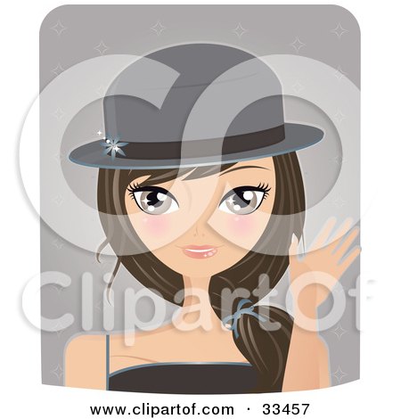 Clipart Illustration of a Pretty Brunette Woman Waving And Wearing A Fall Styled Hat, On A Purple Background by Melisende Vector