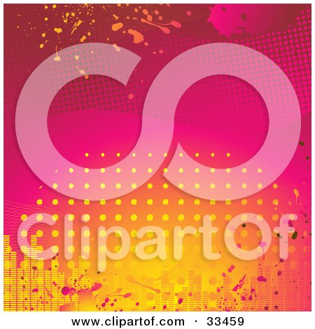 Clipart Illustration of a Gradient Pink And Orange Grunge Background With Splatters, Equalizer Bars And Dots by elaineitalia
