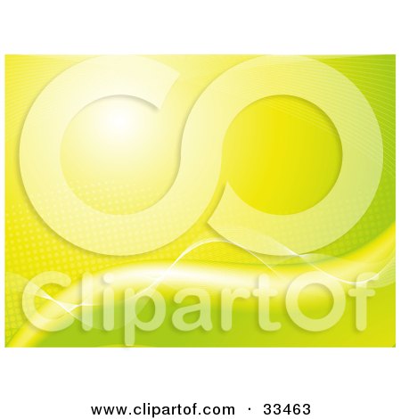 Clipart Illustration of a Burst Of Light Shining Through A Gradient Green And Yellow Background With Waves And Dots by elaineitalia