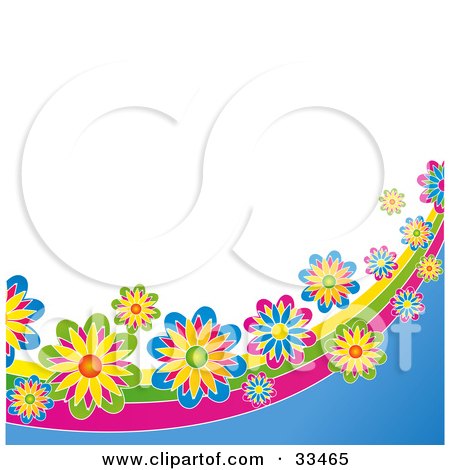 Clipart Illustration of Colorful Funky Flowers On A Rainbow Wave Along The Bottom Of A White Background by elaineitalia