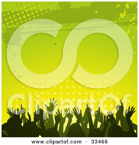 Clipart Illustration of a Silhouetted Crowd Dancing And Having Fun, Against A Gradient Green And Yellow Background Of Dots And Grunge by elaineitalia