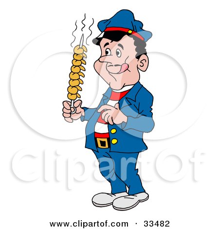 Clipart Illustration of a Hungry Greek Man Licking His Lips And Holding Shrimp On A Kebob by LaffToon