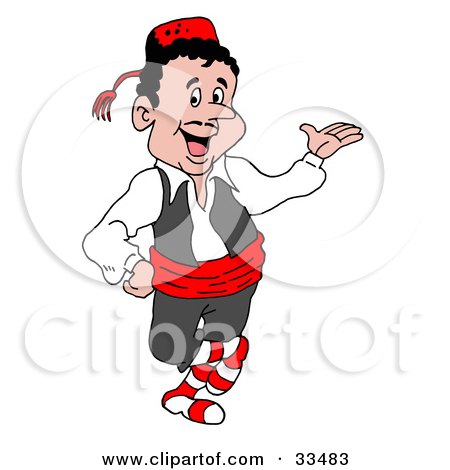 Clipart Illustration of a Friendly Waiter In Uniform, Holding One Hand Out At A Greek Restaurant by LaffToon