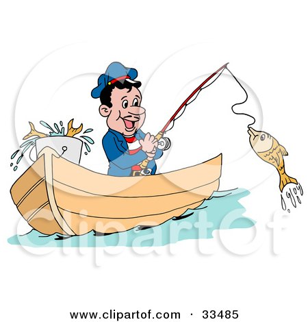 Clipart Illustration of a Happy Greek Fisherman In A Boat, Reeling In A Fish On A Hook by LaffToon