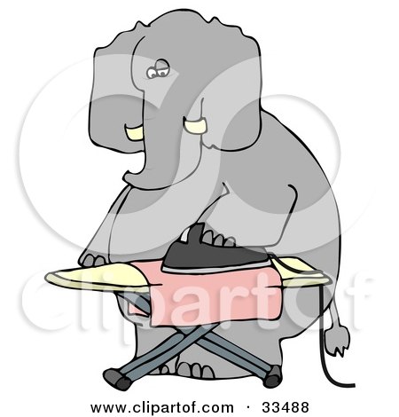 Clipart Illustration of a  Humanlike Elephant Ironing A Pink Cloth On An Ironing Board, On A White Background by djart