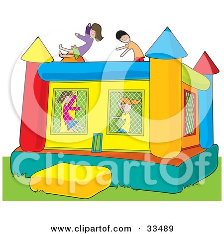 Clipart Illustration of Boys And Girls Jumping In A Colorful Inflatable Bouncy Castle On Grass by Maria Bell