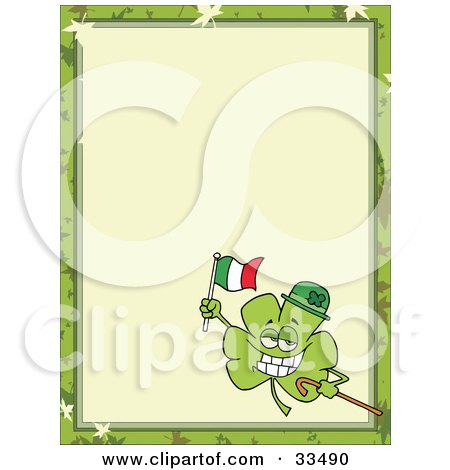 Clipart Illustration of a St Paddy's Day Clover Wearing A Hat, Carrying A Cane And Flag, In The Corner Of A Stationery Background Or Blank Menu by Hit Toon