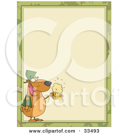 Clipart Illustration of a St Paddy's Day Bear With A Frothy Beer, In The Corner Of A Stationery Background Or Blank Menu by Hit Toon