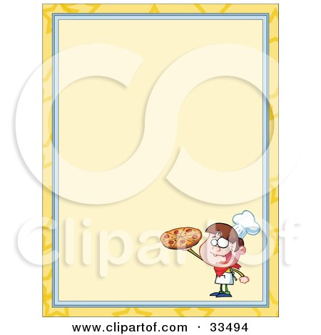 Clipart Illustration of a Pizza Boy Holding Up A Pepperoni Pie In The Corner Of A Stationery Background Or Blank Menu by Hit Toon