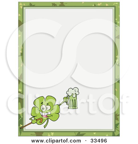Clipart Illustration of a St Paddy's Day Clover Carrying A Cane And Holding Up A Beer, In The Corner Of A Stationery Background Or Blank Menu by Hit Toon