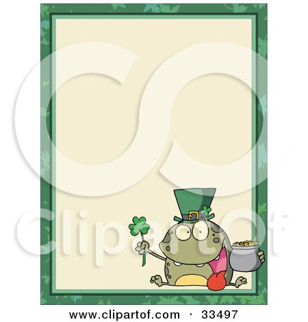 Clipart Illustration of a St Paddy's Day Frog With A Clover, Hat And Pot Of Gold, In The Corner Of A Stationery Background Or Blank Menu by Hit Toon