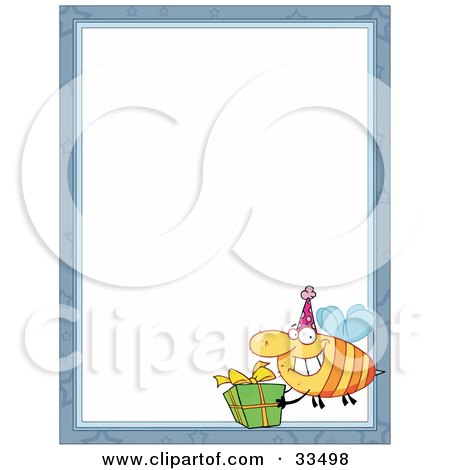 Clipart Illustration of a Bee Carrying A Birthday Present In The Corner Of A Stationery Background Or Blank Menu by Hit Toon