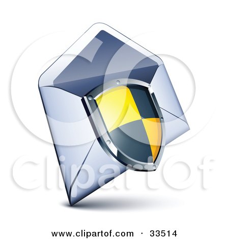 Clipart Illustration of a Black And Yellow Checkered Shield Over An Open Envelope by beboy