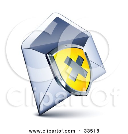Clipart Illustration of an X On A Yellow Shield Over An Open Envelope by beboy