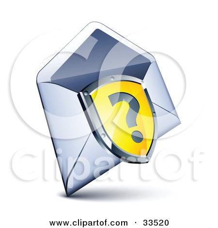 Clipart Illustration of a Question Mark On A Yellow Shield Over An Open Envelope by beboy