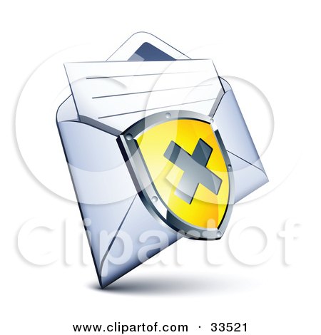 Clipart Illustration of an X On A Yellow Shield Over An Open Envelope With A Letter by beboy