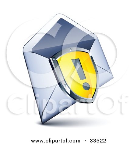 Clipart Illustration of an Exclamation Point On A Yellow Shield Over An Open Envelope by beboy