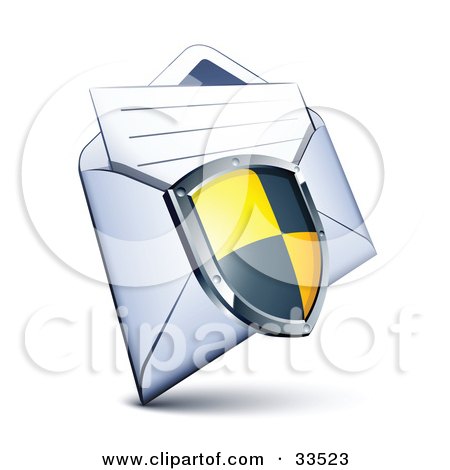 Clipart Illustration of a Black And Yellow Checkered Shield Over A Letter In An Open Envelope by beboy