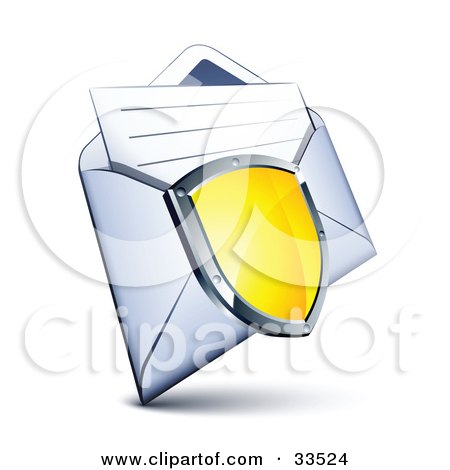 Clipart Illustration of a Shiny Yellow Shield With A Chrome Frame, Over An Open Envelope With A Letter by beboy