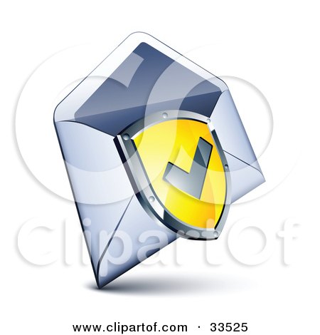 Clipart Illustration of a Check Mark On A Yellow Shield Over An Open Envelope by beboy