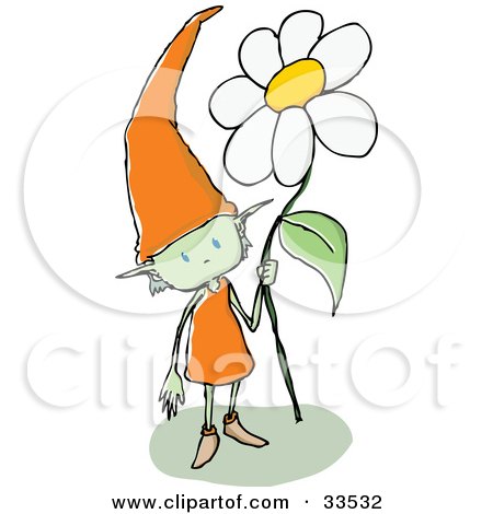 Clipart Illustration of a Friendly Green Gnome Wearing An Orange Dress And A Tall Pointy Hat, Holding A White Daisy Flower by PlatyPlus Art