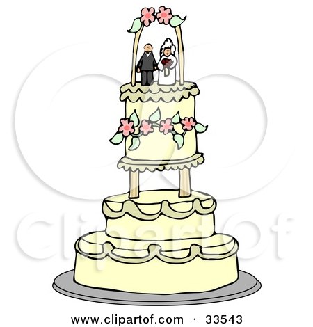 Clipart Illustration of a Bride And Groom Wedding Cake Topper Resting On The Upper Tier Of A Fancy Beige Floral Cake by djart