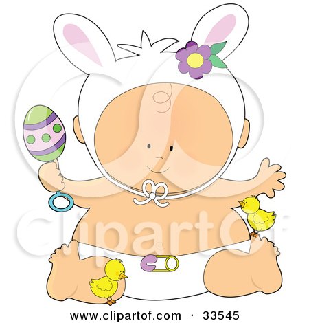 Clipart Illustration of a Baby In Bunny Ears And Diaper, Holding A Rattle And Playing With Chicks by Maria Bell