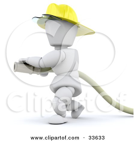 Clipart Illustation of a 3d White Character Fireman In A Hardhat, Operating A Water Hose by KJ Pargeter