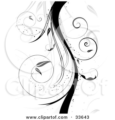 Clipart Illustation of a Thick Black Curly Vine With Sparkles And Leaves, Over A White Background With Faded Vines by KJ Pargeter