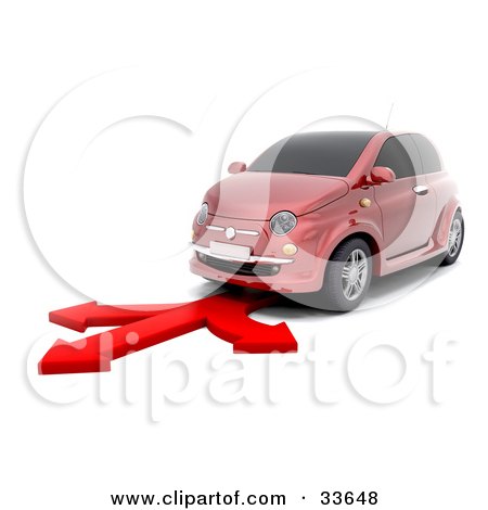 Clipart Illustation of a Red Compact Car Driving On A Red Arrow That Branches Off In Three Different Directions by KJ Pargeter