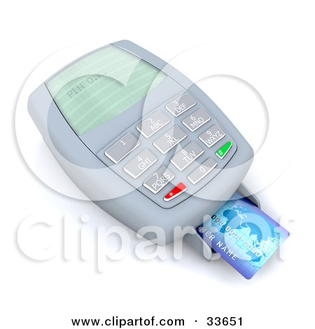 Clipart Illustration of an Approved Blue Credit Card In The Tray Of A Processing Machine by KJ Pargeter