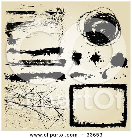Clipart Illustation of a Set Of Black Grunge Scratches, Lines, Splatters And A Box, On A Beige Background by KJ Pargeter