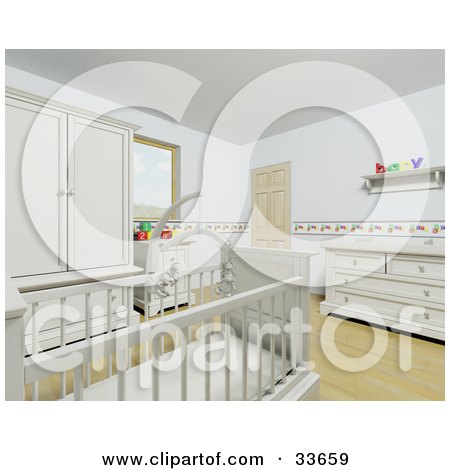 Clipart Illustation of The Interior Of A White Baby Room With A Mobile Suspended Over The Crib by KJ Pargeter