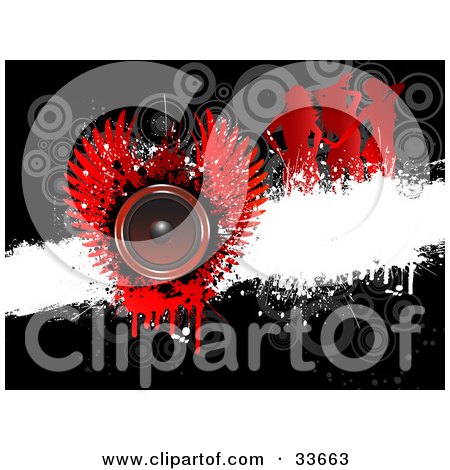 Clipart Illustation of a Red Winged Music Speaker Over A White Grunge Bar On A Black Background With Faded Circles And Silhouetted Dancers by KJ Pargeter