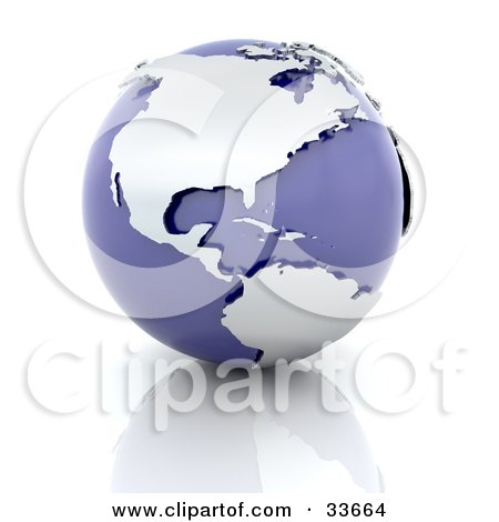 Clipart Illustation of Silver Continents On A Purple Globe, Over A Reflective Surface by KJ Pargeter