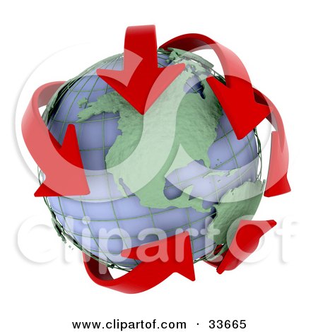 Clipart Illustation of Red Arrows Circling The Americas On A Wire Globe by KJ Pargeter