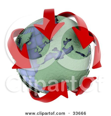 Clipart Illustation of Red Arrows Circling Africa And Europe On A Wire Globe by KJ Pargeter