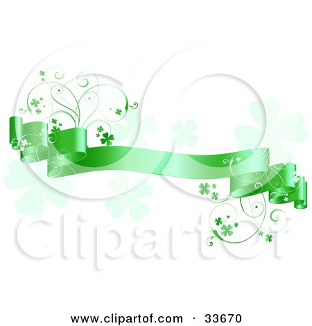 Clipart Illustation of a Satiny Green Banner With Shamrock Vines, Over A White Background With Faded Clovers by KJ Pargeter