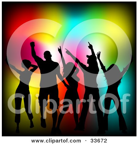 Clipart Illustration of a Colorful Blurred Background With Five Black Silhouetted Dancers Having Fun by KJ Pargeter