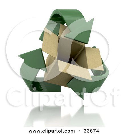 Clipart Illustation of Green Recycle Arrows Circling Around An Open Cardboard Box by KJ Pargeter