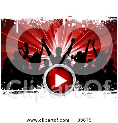 Clipart Illustation of a Crowd Of Black Silhouetted Party People Over A Bursting Red Background With White Grunge And A Red Play Button by KJ Pargeter
