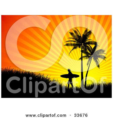 Clipart Illustation of a Lone Silhouetted Surfer Carrying His Board Up A Hill By Palm Trees At Sunset by KJ Pargeter